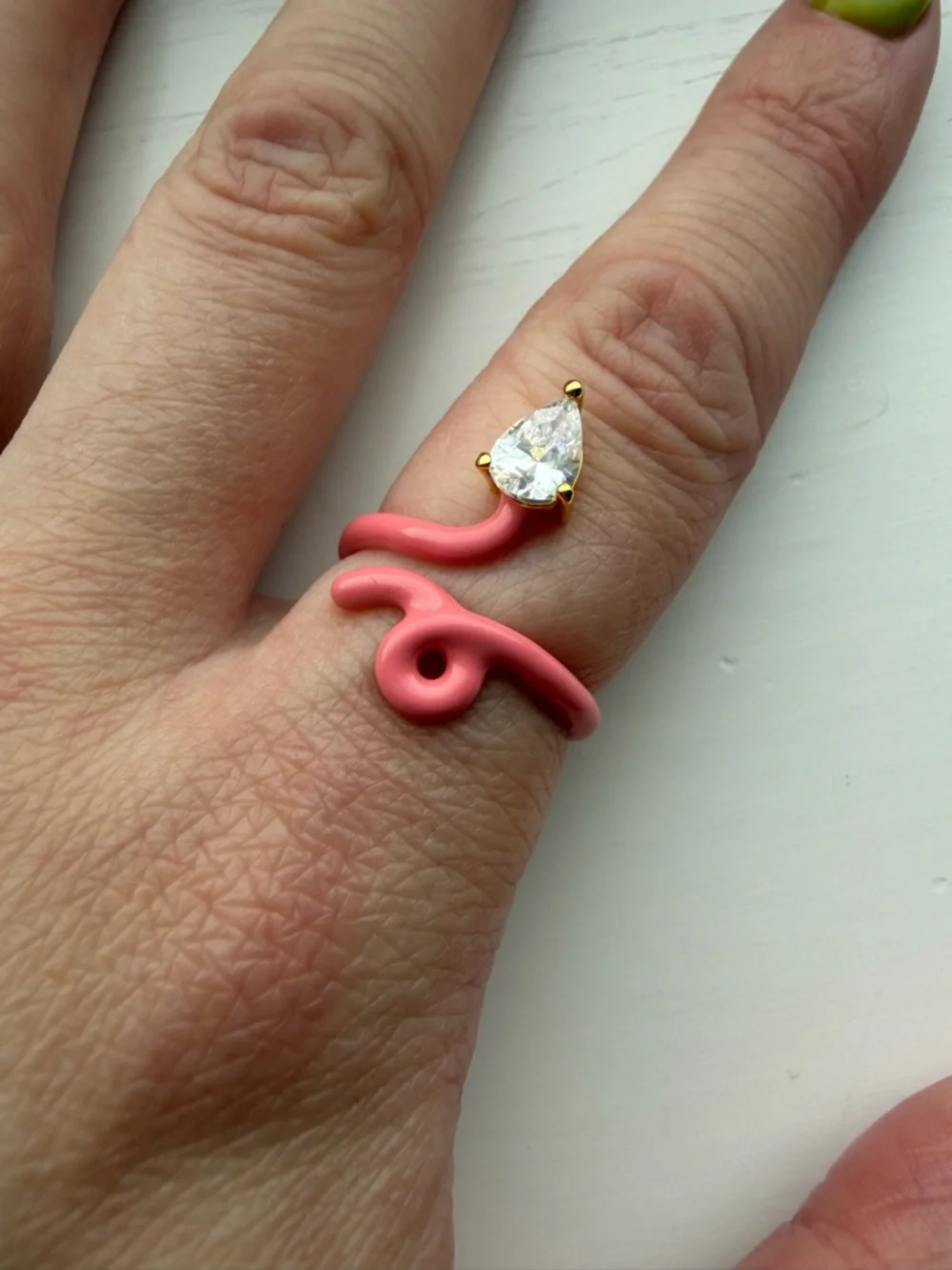Adjustable Pink Open Snake Enamel Ring with Teardrop Crystal / Faux Gem